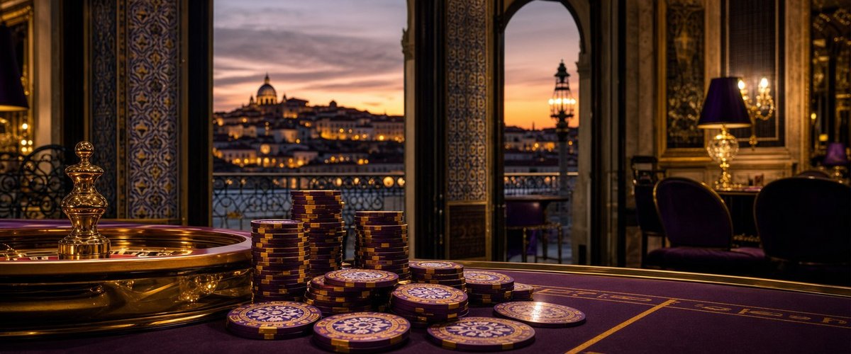 Salão de casino com vista para uma cidade ao entardecer (imagem gerada por AI)
